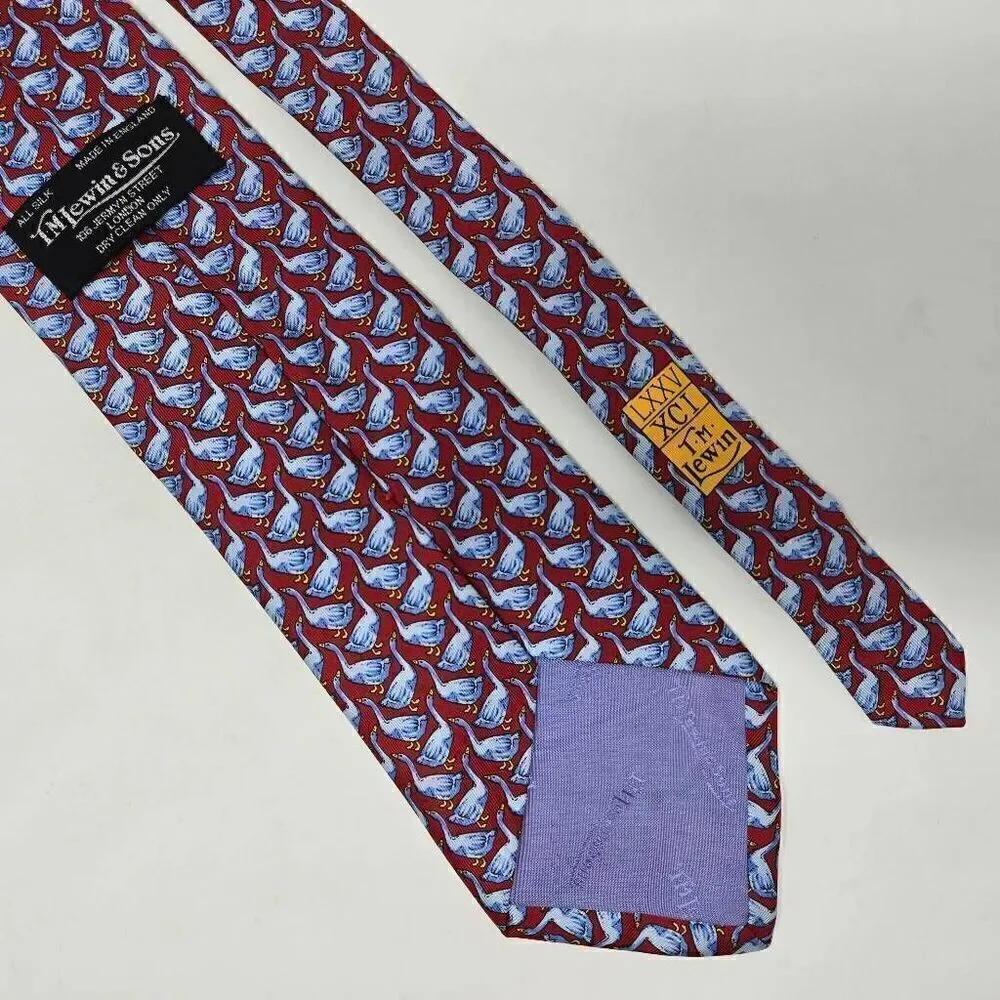 TM LEWIN JERMYN STREET SILK TIE RED BLUE GOOSE PATTERN SMOOTH 3.75